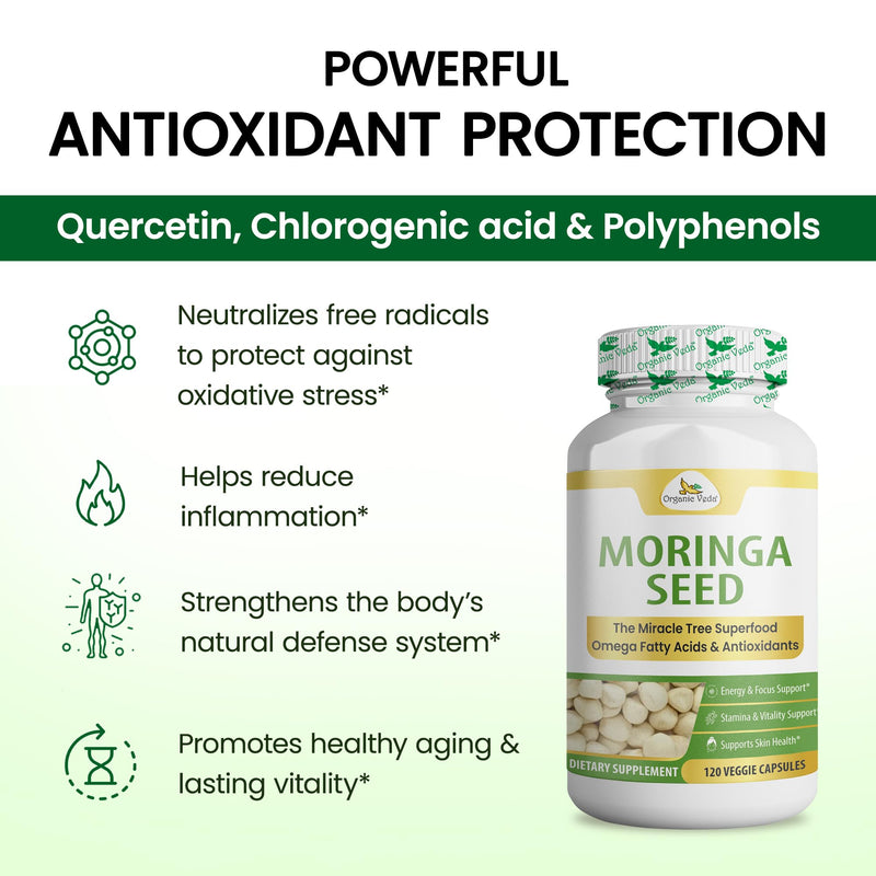 Organic Veda Moringa Seeds Capsules - Omega 3, 6, 9, Powerful Antioxidants, Vitamins, Amino Protein Rich Organic Moringa Seed Powder for Energy, Cleanse & Vitality - 120 Vegan Capsules