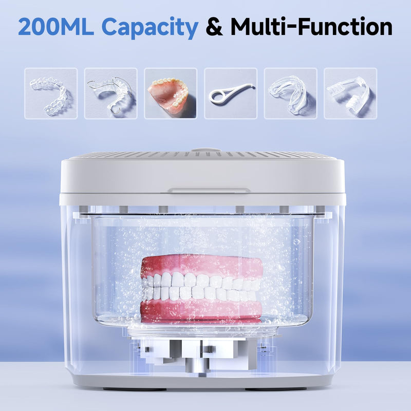 [Australia] - Ultrasonic Retainer Cleaner Machine, 45kHz Dental Cleaning Pod for Denture, Aligner, Nightguard, Mouth Guard, Toothbrush, Jewelry, with Digital Timer, 200ML & 4 Modes for All Dental Appliances S White 