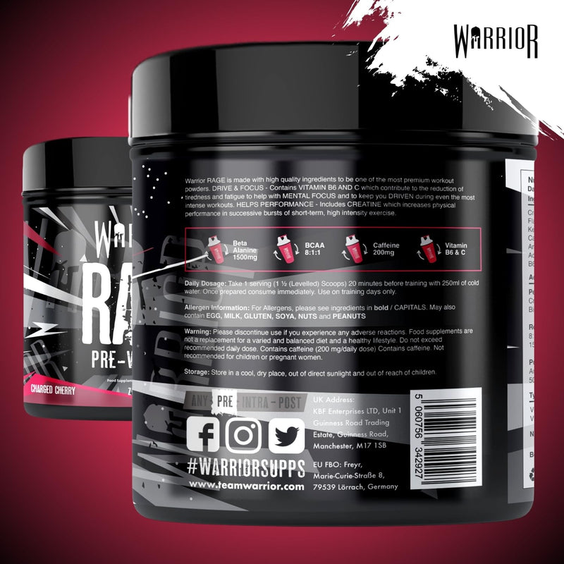 Warrior Rage Pre Workout Powder 392g (45 Servings) – 300mg Caffeine High Stim Energy Drink Supplement + Beta-Alanine, Creatine, BCAA, Taurine, Citrulline & Arginine AAKG for Muscle – Charged Cherry