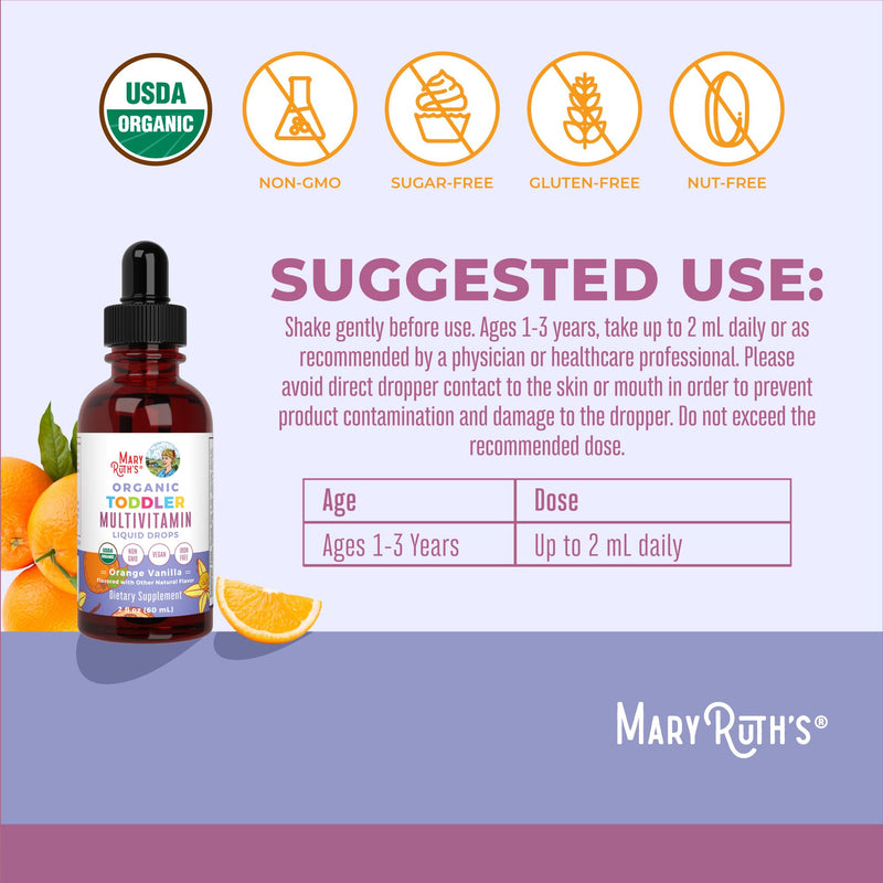 MaryRuth's Organic Toddler Multivitamin Drops,Vegan,Sugar Free,30 Servings | Vitamin A C D E B6 B12 Zinc, Healthy Growth Support, Immunity & Bone Health & Cognitive Function Toddler Multi