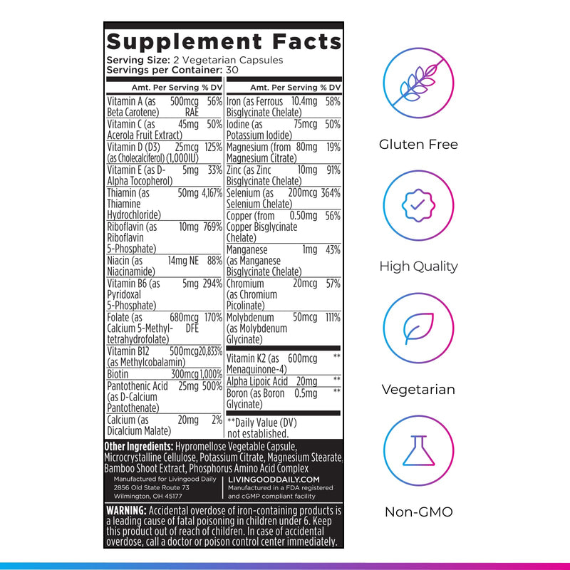 Livingood Daily Methylated Multivitamin for Women & Men, 60 Capsules | 25-in-1 Multi Vitamin Supplement, B Complex, Iron, Zinc, Selenium, Iodine, Brain, Metabolism & Energy Support, Made in USA