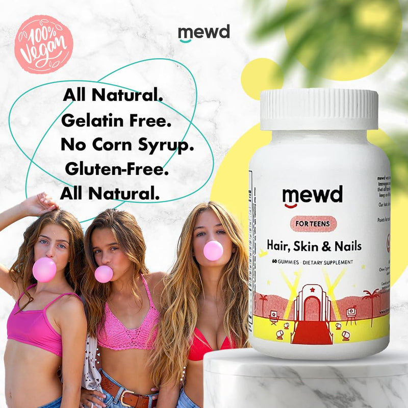 MEWD Teen and Kids Hair, Skin & Nails Support Multivitamin Gummies - Biotin Strength & Growth with Zinc, Vitamins A, D3, B1, B2, B6 & B12 - Gluten-Free, Non-GMO for Girls & Boys - 60 Count - USA Made