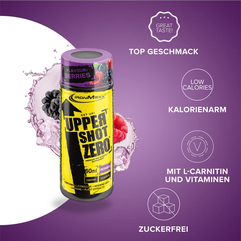 [Australia] - IronMaxx Upper Shot Zero - Wildberries 12x60ml | Pre-workout shot with, among other things, L-arginine, L-citrulline malate, taurine and caffeine | Sugar-free and in many flavors 60 ml (pack of 1) 