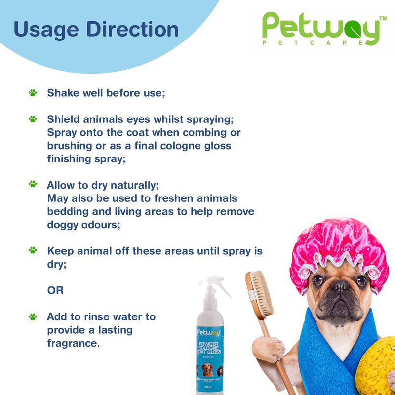Petcare Powder Cologne Coat Gloss – Natural Cosmetic Dog cologne spray, Dog Show Gloss with a Soft Baby Powder Fragrance, Pet Odour Eliminator and Dog Grooming Spray– 250ml - PawsPlanet Australia