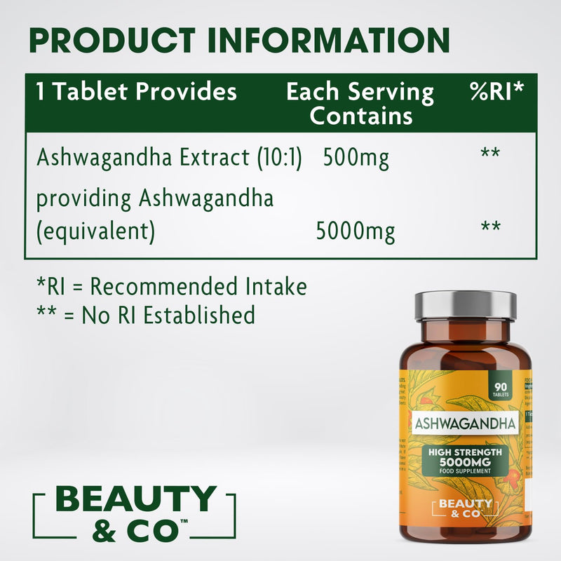 Ashwagandha 5000mg Tablets, High Strength Ashwagandha- Pure Ashwagandha, Vegan, Made in UK 4 x 90 (360). 360