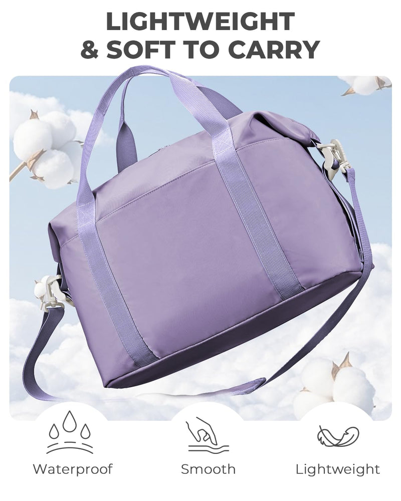 Percover Weekender Travel Duffel Bag for Women, Lightweight Soft-Structure 33L Carry-On, Water-Resistant Nylon with Shoulder Strap & Trolley Sleeve, Personal Item Friendly, Lavender Purple
