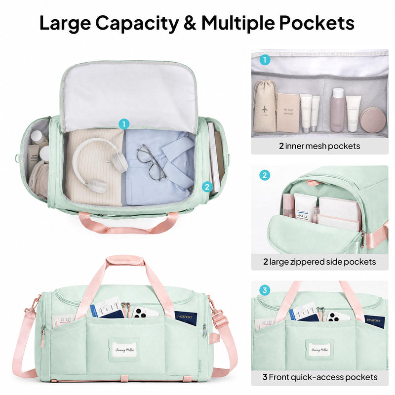 TOPEAST Foldable Duffle Bag for Travel, Large Travel Duffel Bags for Women | 4 in 1 Travel Backpack, Carry on Weekender Bags for Women Travel, 40L Capacity, Multi-Pocket, Water-resistant, Green
