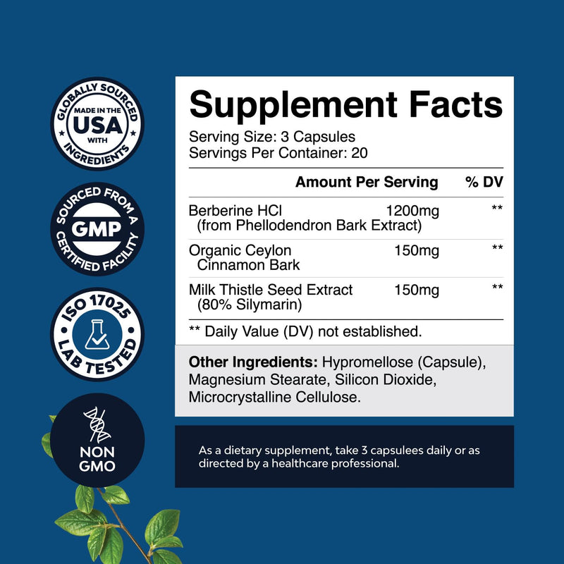 [Australia] - Balancing Berberine Plus 1200mg Per Serving Complex - Antioxidant Berberine with Ceylon Cinnamon Capsules Plus Silymarin Milk Thistle Extract - Active PK for Heart Health and Sugar Support 60 Capsules 60 Count (Pack of 1) 