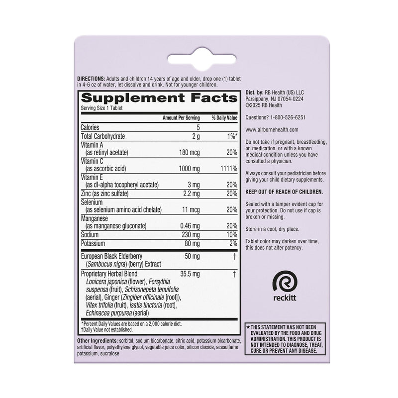 Airborne 1000mg Vitamin C Immune Support Elderberry Effervescent Tablets, 20ct 20 Count (Pack of 1)