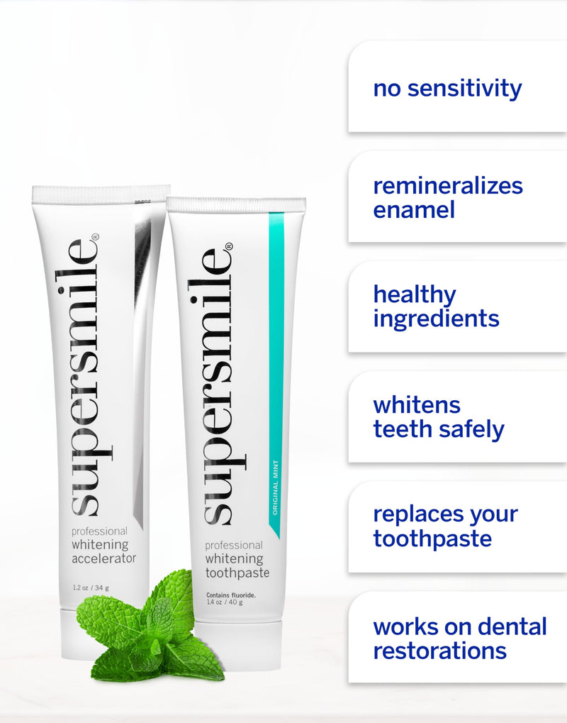 Supersmile Whitening System, Toothpaste + Accelerator, Original Mint | Calprox® 2-Step Whitening System, Whitens Up to 7 Shades in 7 Days, RDA 65 Low Abrasion, Veneer Safe, Cavity Protection 1 Month