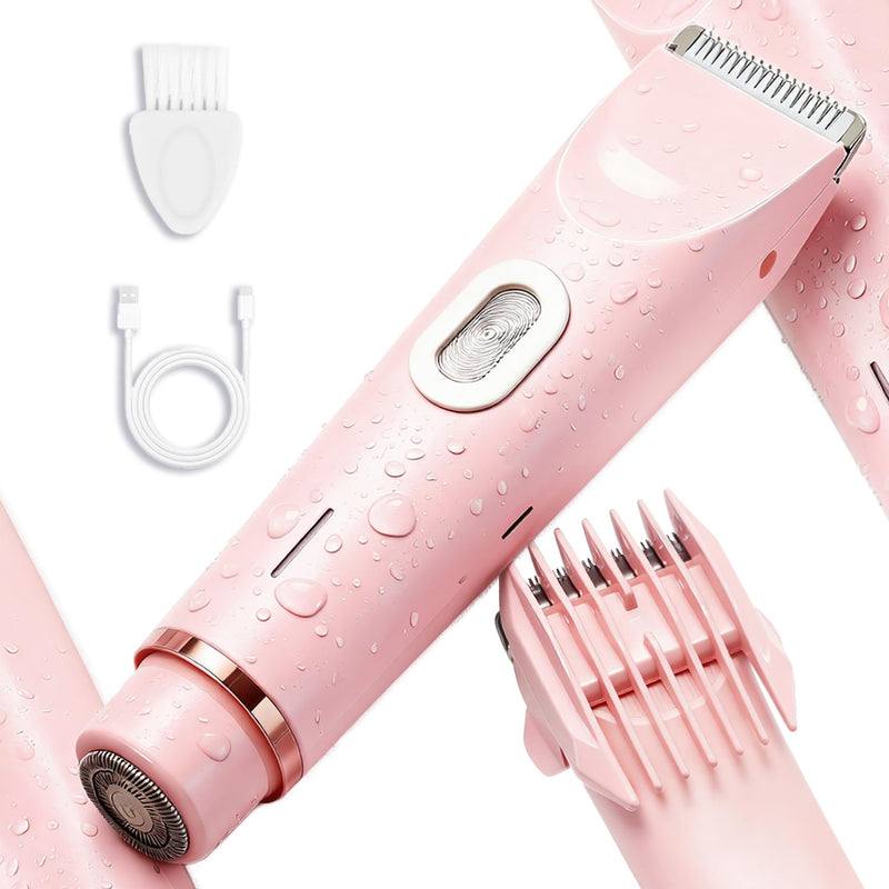 2-in-1 Bikini Trimmer for Women - IPX7 Waterproof & Painless Electric Razors for Bikini Line, Legs, Underarms, Face - Portable Cordless Shaver with Fast Charging | Ideal Christmas Gift for Women Pink