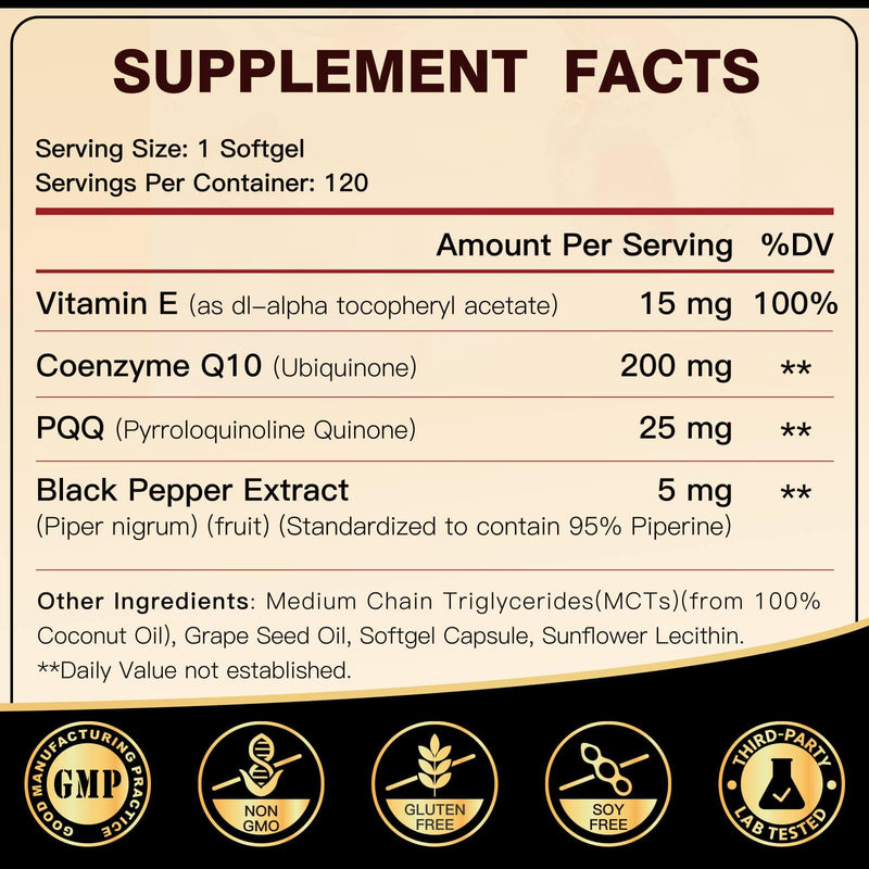 DRFOSTER CoQ10 200mg Softgels with PQQ & Vitamin E, 120 Servings | 6X High Absorption Coenzyme Q10 Supplement with Black Pepper Extract, Supports Heart Health and Energy Production 120 Count (Pack of 1)