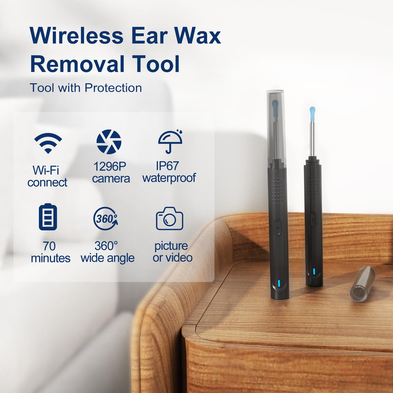 [Australia] - Ear Wax Removal, Ear Cleaner with Camera with 1296P, Earwax Removal kit with 9 Ear Pick and 8 Traditional Tools, Built-in WiFi IP67 Waterproof, Ear Cleaning Kit for iPhone,iPad,Android(black) Black 