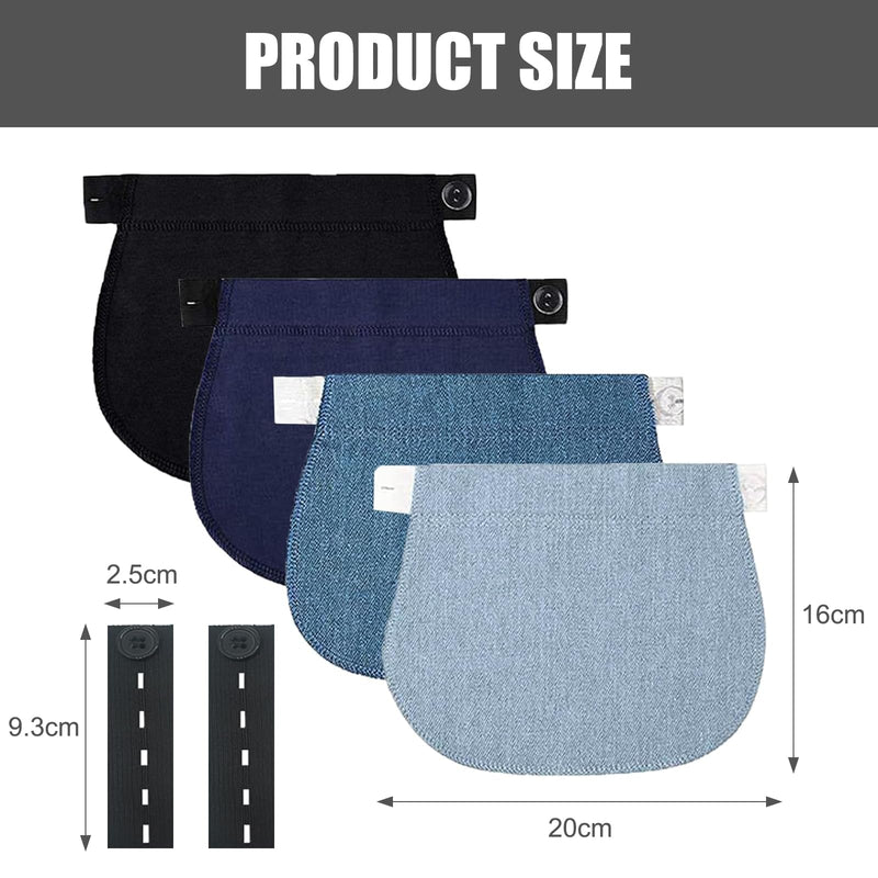 [Australia] - Pack of 4 Trousers Extensions Pregnancy Trousers Waistband Extension Trousers Extension for Pregnant Women Trousers Button Extension with 2 Elastic Waist Extensions (Black, Blue, Light Blue, Dark Blue) 