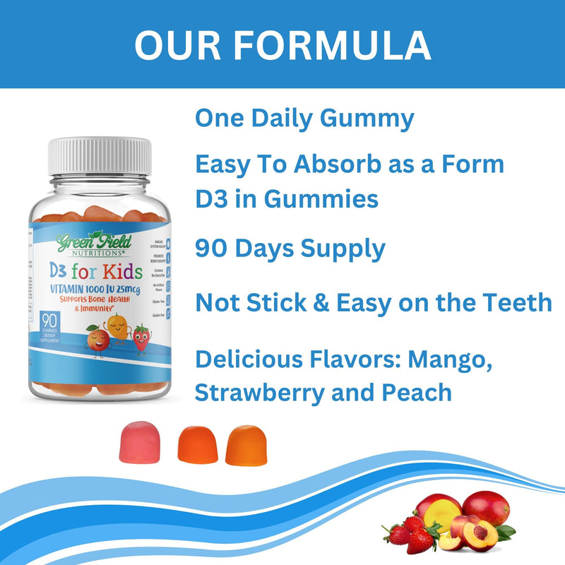 Greenfield Nutritions Halal Vitamin D3 for Kids – 1000 IU – 90 Gummies | Chewable Kids Vitamin D Supplement Supports Bone and Immune System | Non-GMO, Gelatin-Free, Gluten-Free