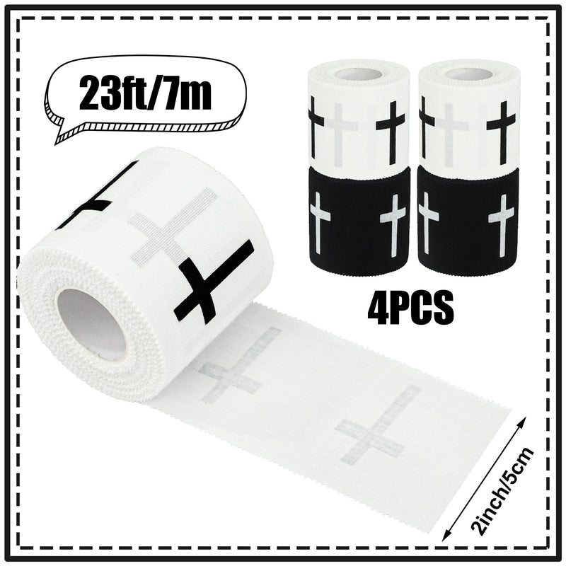 4 Pcs Christian Athletic Tapes Religious Sport Tape with Cross White Black Bible Verse Wrist Tapes Cross Athletic Wrist Tape for Sports Gymnastics Tennis Boxing Athlete First Aid Injury Wrap, 2inx23ft