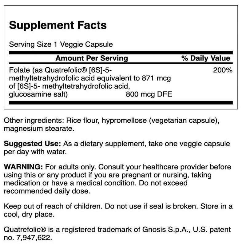 Swanson Folate 5-Methyltetrahydrofolic Acid 800 mcg, 30 Veg Caps, 2 Pack | Supports Heart Health and Promotes Cell Growth, DNA Synthesis and Red Blood Cell Production, an Important Prenatal Vitamin 30 Count (Pack of 2)