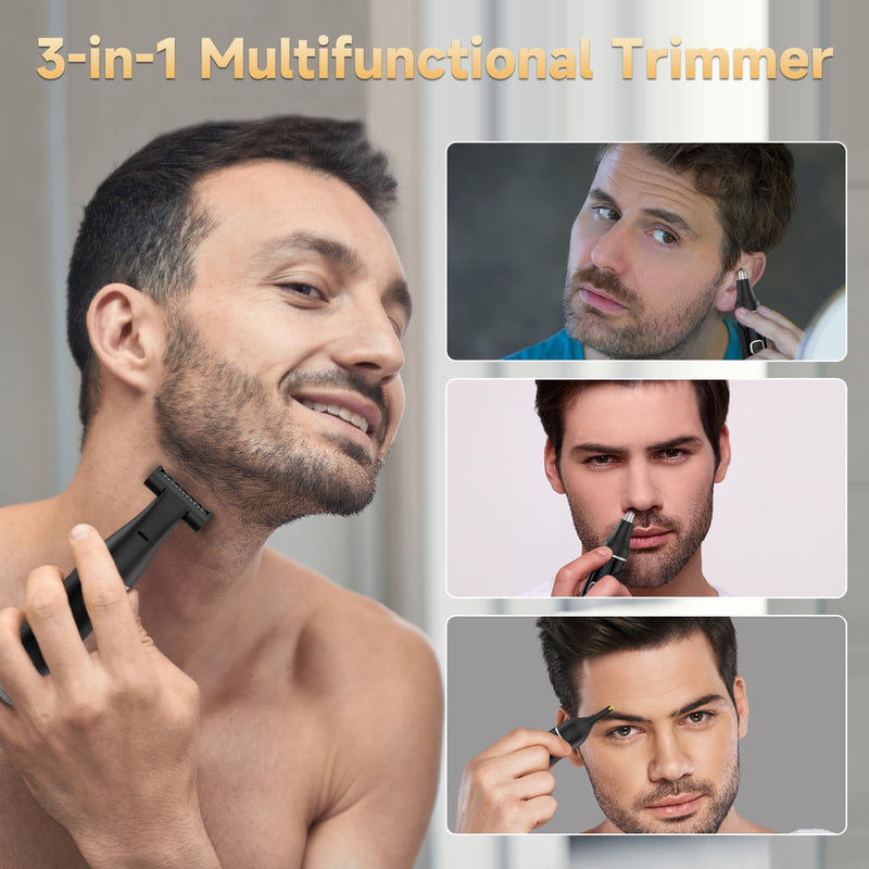[Australia] - Rechargeable Nose Hair Trimmer for Men, 3-in-1 Painless Eyebrow Trimmer, Waterproof Electric Razor for Beard, Ear, Face, Body, Cordless Grooming Kit with Adjustable Rotating Comb, USB-C Fast Charging 