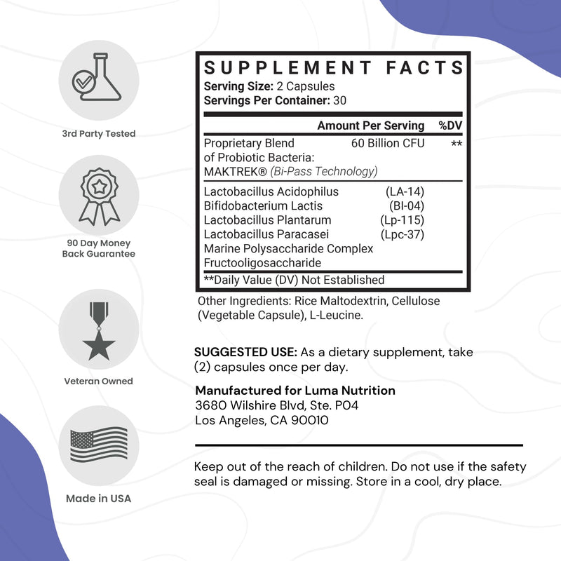 [Australia] - Luma Nutrition Probiotics 60 Billion CFU with Prebiotics - Probiotics for Women - Probiotics for Men - Formulated for Digestive Health - 60 Capsules 