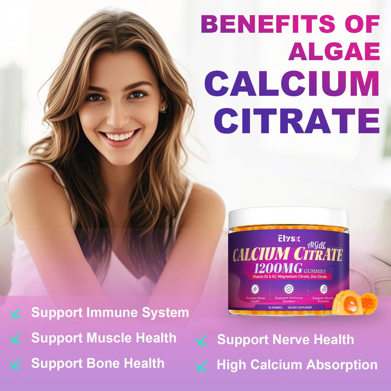 Calcium Citrate 1200mg with Vitamin D3 Gummies, 60 Count | Chewable Calcium Supplements for Women & Men, with Vitamin K2, Magnesium & Zinc Citrate, Mango Flavor