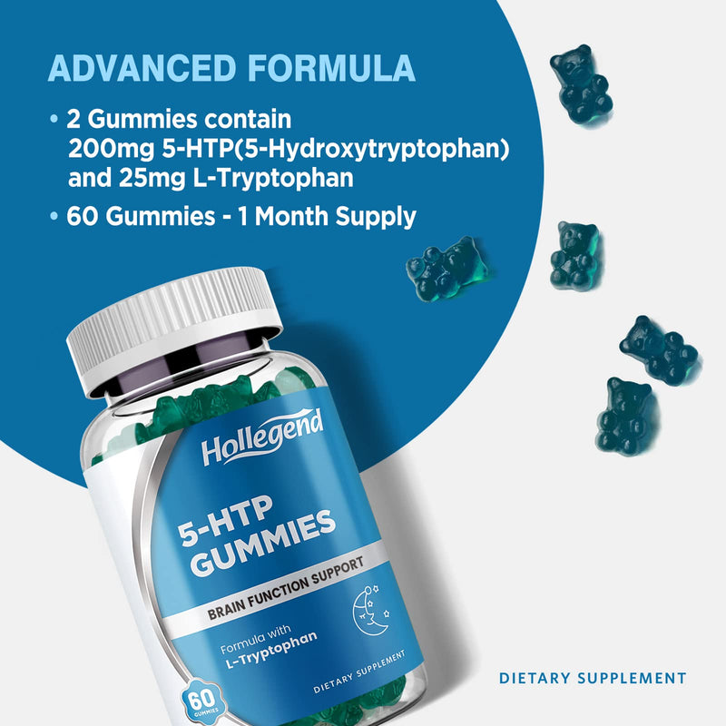 [Australia] - 5-HTP Gummies 200mg, 5HTP & L-Tryptophan Supplements for Stress Relief, Brain Support, Blueberry Flavor, 60 Chewables 60 Count (Pack of 1) 