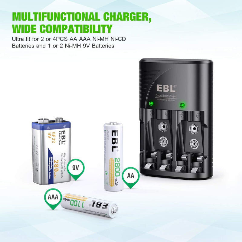 EBL Rechargeable AAA Batteries 800mAh (8 Packs) with Smart Rapid Battery Charger with AC Wall Plug for AA AAA 9V Ni-MH Ni-CD Rechargeable Batteries 802 Charger + 8 AAA