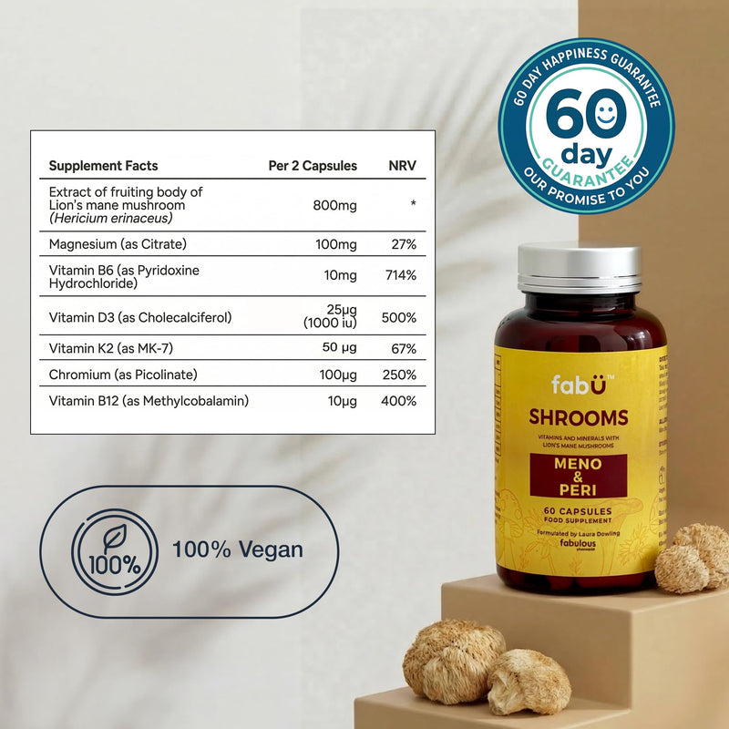 fabÜ Shrooms MENO & PERI - Lion's Mane Mushroom & Magnesium Supplements for Women During Menopause - Natural Perimenopause Support - Hormone Balance & Energy Support (60 Capsules) Lion's Mane Mushroom (for Menopause)