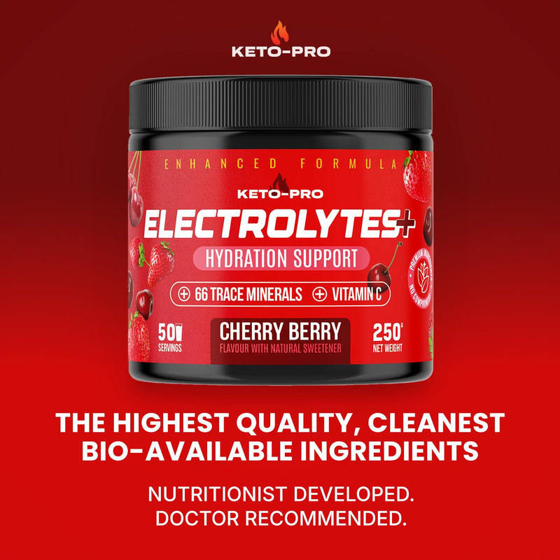 Keto-Pro Keto Electrolytes 250g - 50 Servings | Electrolyte Powder & Salts with 66 Trace Minerals | Supports Your Fasting, Health & Fitness Goals | Cherry Berry Flavour