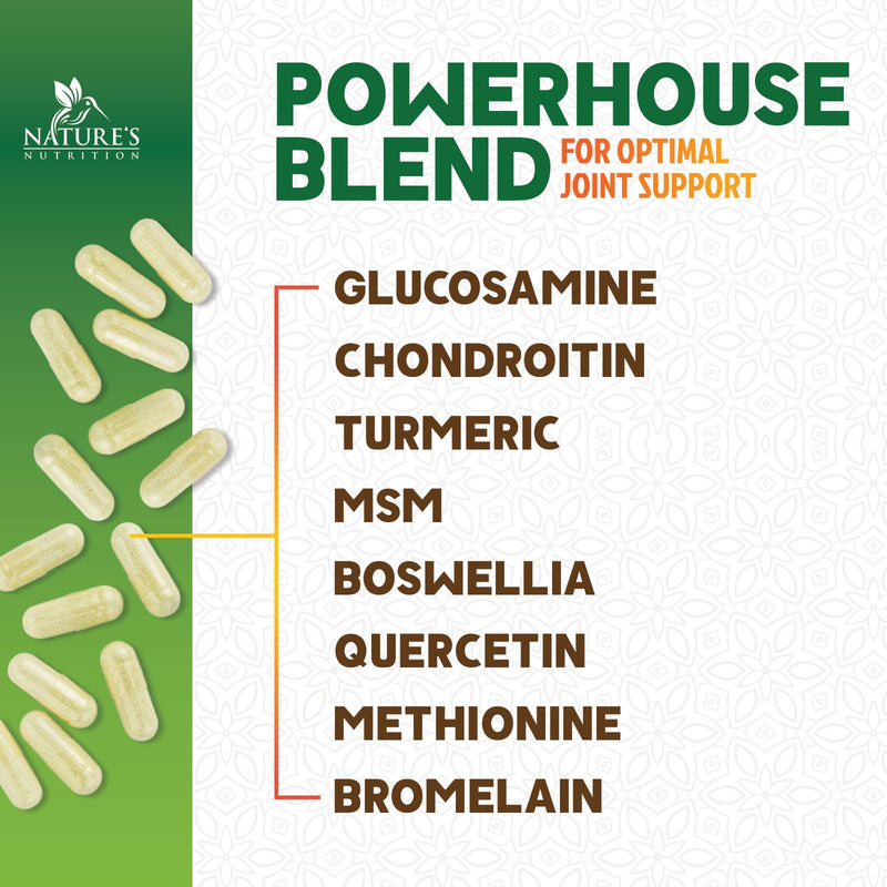 Nature's Nutrition Glucosamine Chondroitin MSM Capsules - Triple Strength Joint Health Support Supplement with Turmeric & Boswellia - Joint Flexibility Support Easy to Swallow Capsules - 60 Count 60 Count (Pack of 1)