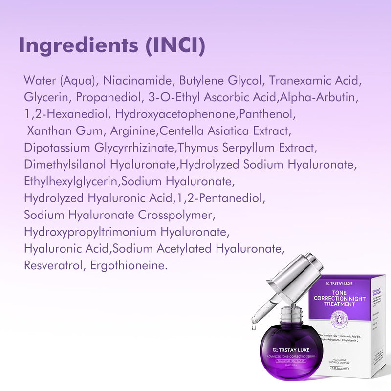 Night Serum for Uneven Skin Tone, Dark Spots & Post-Blemish Marks, 10% Niacinamide, 5% Tranexamic Acid, 2% Alpha-Arbutin + Ethyl Vitamin C, Lightweight Radiance Serum, 1.01 fl oz