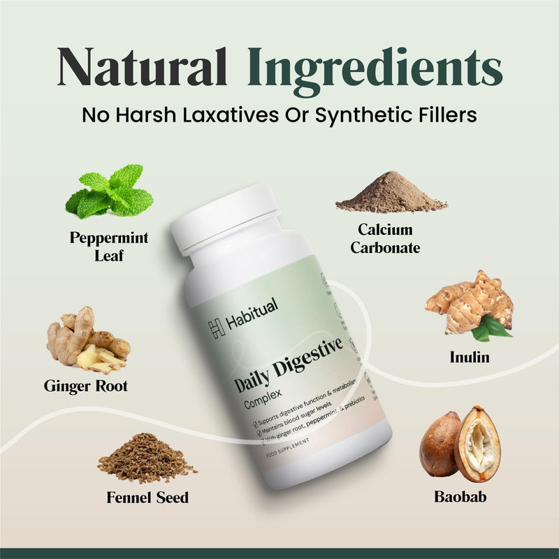 Habitual Daily Digestive Complex | Vegan Gut Health Supplement for Bloating, Indigestion & Metabolism Support | Prebiotic & Botanical Blend with Ginger, Peppermint, Fennel, Calcium, & Vitamin B6