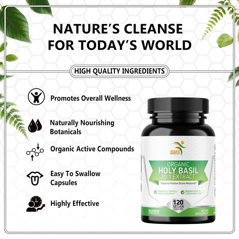 [Australia] - Organic Holy Basil 20:1 Extract, Max Potency, 2.5% Ursolic Acid, 120 Vegan Capsules, 4-Month Supply, Concentrated & Standardized 20X Tulsi Extract, 100% Certified Organic, Non-GMO 