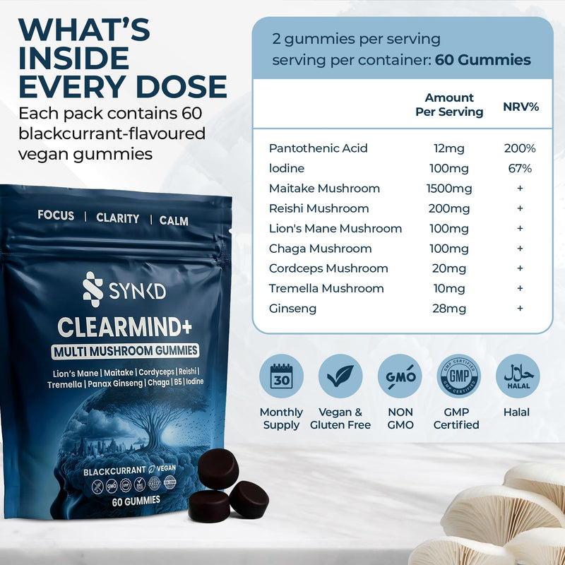 9-in-1 Multi Mushroom Gummies - 8000mg Potency High Strength Mushroom Complex with Lion’s Mane, Reishi, Cordyceps, Maitake, Tremella & Chaga - Focus, Energy, Mood - 60 Gummies - Blackcurrant 1