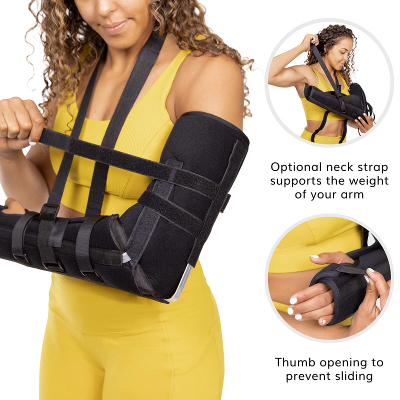 BraceAbility Posterior Long Arm Splint - Elbow Immobilizer Right or Left Forearm Brace with Sling for Fractures, Post-Surgery Recovery, Tendonitis, Bursitis, and Ulnar Nerve Entrapment Relief (M) Medium
