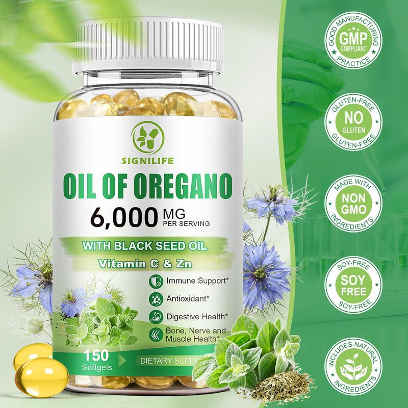 [Australia] - Oil of Oregano with Black Seed Oil, 6000mg Oregano Oil Capsules for Immune Support with High Carvacrol & Thymoquinone, Antioxidant, Non-GMO, Gluten Free, 150 Softgels 150 Count (Pack of 1) 