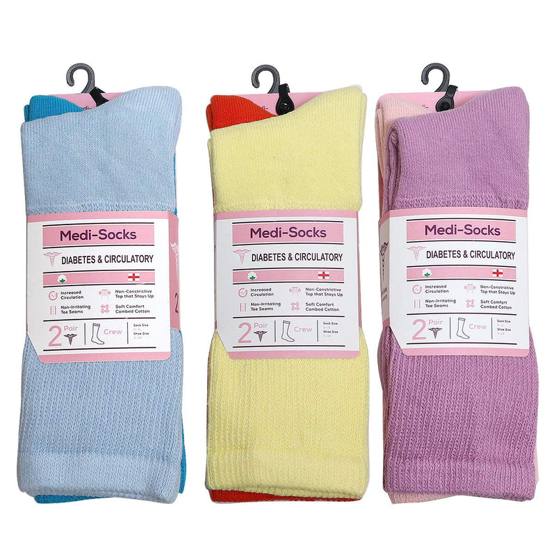 [Australia] - Falari Women Diabetic Socks Diabetes Edema and Circulatory Loose Fitting Cotton Crew Socks - 6 Pairs 9-11 Crew Height - Assorted 