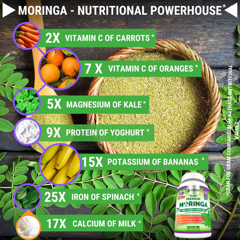 [Australia] - FRESH HEALTHCARE Moringa Oleifera 180 Capsules – 100% Pure Leaf Powder - 3 Month Supply - Non GMO and Gluten Free - Complete Green Superfood Supplement - Energy, Metabolism and Immune Support 