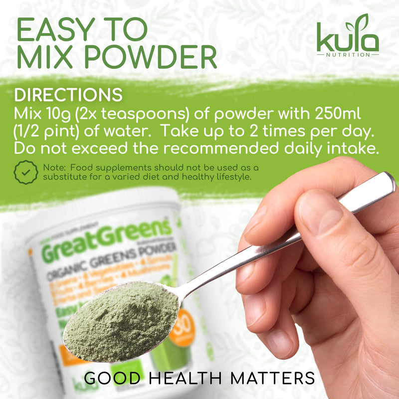 GreatGreens - Organic Greens Powder - Large 300g Blend 40 Raw Superfoods - Greens, Vegetables, Super Fruits, Berries, Sprouts and Mushrooms - High Fibre Vegan Daily Juice Smoothie Drink - 30 Servings