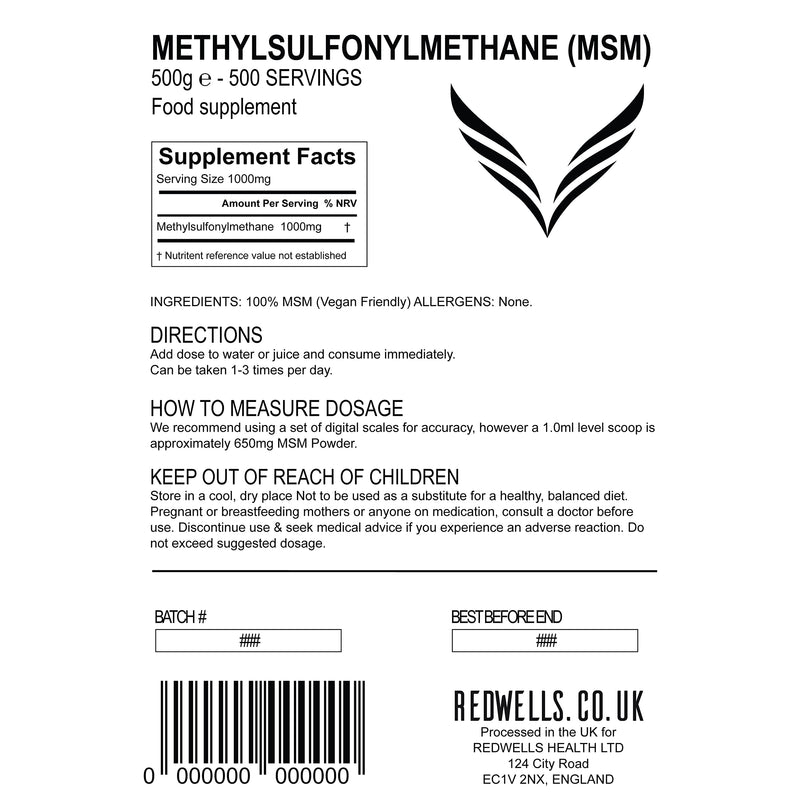 MSM Powder REDWELLS Crystalline Methyl Sulfonyl Methane GMO Free - 500g Pack