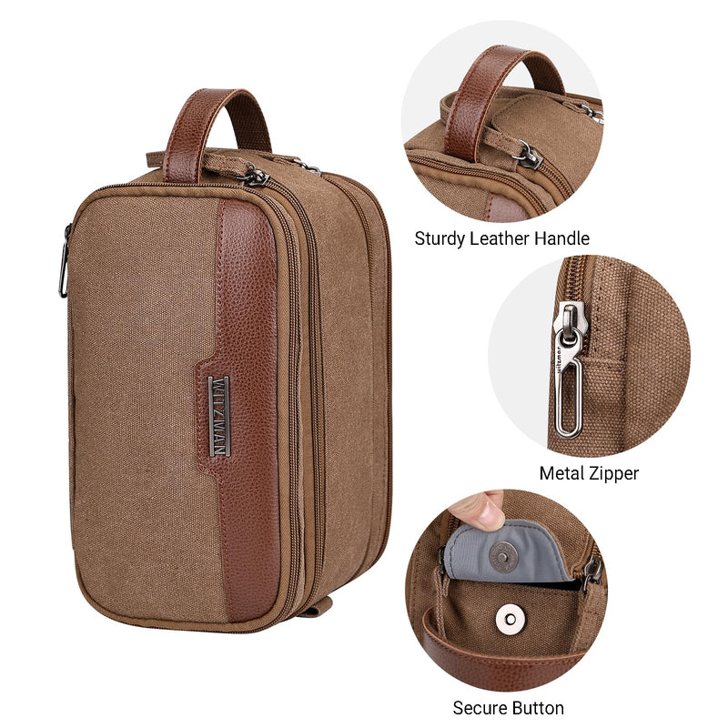 WITZMAN Canvas Toiletry Bag for Men Travel Toiletries Large 7L Dopp Kit | Multi-pockets with Dry-wet Pocket, Side Handle for Hanging, Lightweight, For Daily Use, Bathroom, Make up, A8002 Brown