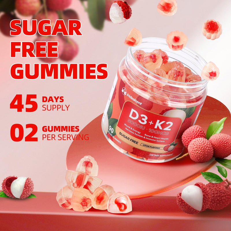 Vitamin D3 K2 Gummies, 5000 IU D3 + 100mcg K2, 90 Count | D3 K2 Supplement with MK-7, Sugar Free Vegan Gummies, Supports Bone Health for Adults, Lychee Flavor 90 Count (Pack of 1)