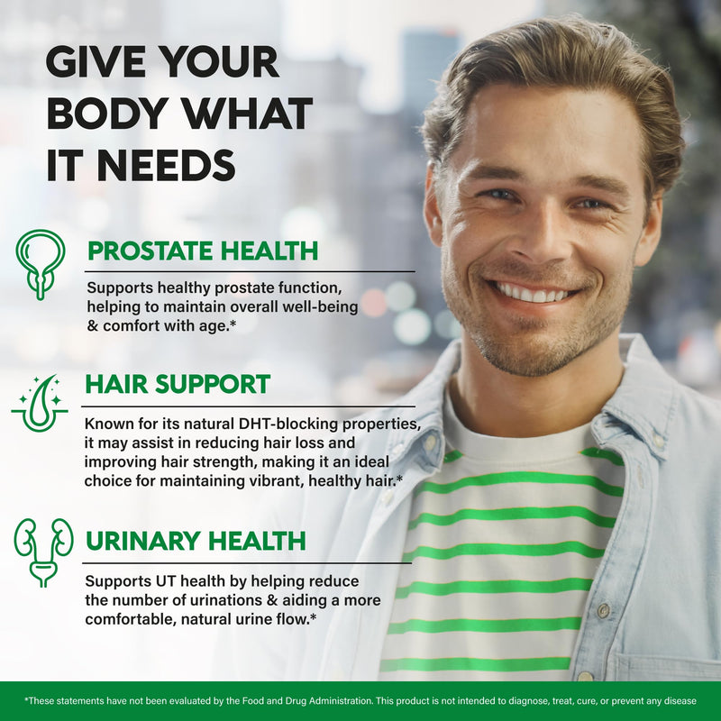 [Australia] - Saw Palmetto for Men 640mg - Pumpkin Seed | Nettle | Zinc & Pygeum - Prostate Health & Urinary Supplement - DHT Blocking & Hair Support - 45% Fatty Acids, Clinical Strength - Made in USA, 120 Capsules 120 Count (Pack of 1) 