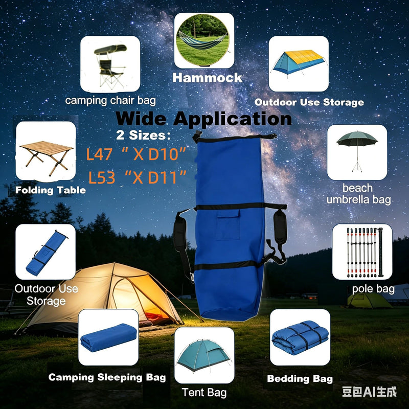 Heavy Duty 900D Oxford Camping Chair Bag Camp Cot Bag,Duffel Bag Padded Foam Shoulder Straps,Click Clack Fastener Closure & Side Pocket,for Hammocks,Moving Outdoor Trave(1, Dark Blue, 53Lx11D inch)