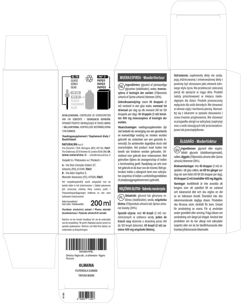Meadowsweet (Filipendula ulmaria or Spirea ulmaria) Flowers Alcohol-Free Mother Tincture Naturalma - Liquid Extract Drops 200 ml - Food Supplement - Vegan 200 ml (Pack of 1)