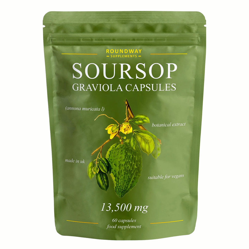Soursop Graviola Capsules | Extra High Strength 13500mg 30:1 Extract Per Serving by Roundway Supplements | Potent Antioxidant, 2 Month Supply. Made in the UK - 60 Vegan Capsules 60 count (Pack of 1)