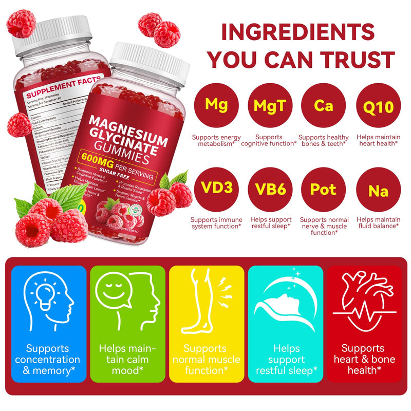 Magnesium Glycinate Gummies for Adults 120 Count - 600 MG Per Serving, Promotes Relaxation & Restful Sleep, Focus, Supports Heart & Bone Health, Raspberry Flavor, Non-GMO 120 count (Pack of 1)