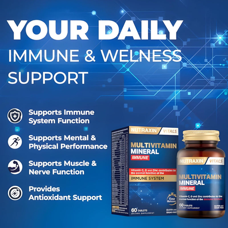 Nutraxin Multivitamin & Minerals Immune Support – 14 Vitamins, 9 Minerals with Elderberry, Black Cumin & Beta Glucan – Energy & Wellness Formula – 60 Vegan Tablets for Women & Men Immune Tablets
