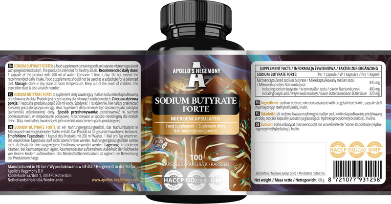 [Australia] - Sodium Butyrate Forte 400mg (80% butyric acid) - 100 vegan capsules - 100 day supply - dietary supplement to support general intestinal health - from Apollo's Hegemony. Capsule 100 pieces (pack of 1) 