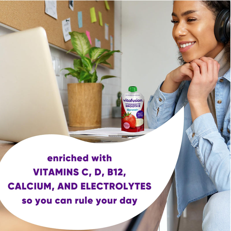 vitafusion Vitamin-Boosted Smoothie +Protein for Energy Metabolism and Immune Support, Strawberry Banana Flavor Excellent Source of Vitamins C, D, and B12, 3.5oz, 6 Count Vitamin Boosted Smoothies +Protein