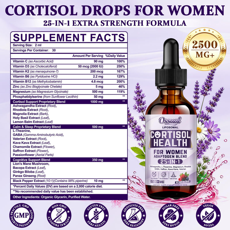 25-in-1 Liposomal Cortisol Drops for Women, Magnesium Glycinate 500mg-120ML | 2500MG Cortisol Manager, Detox with Ashwagandha, L-Theanine, Rhodiola, GABA - Sleep & Stress, Hormone, Focus, Mood, PMS* 2 Fl Oz (Pack of 2)